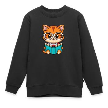 Kawaii Katze Liest Buch Kater Literatur - Kinder Premium Organic Sweatshirt - Schwarz - Vorne - AI Model Kid Female (0cm)
