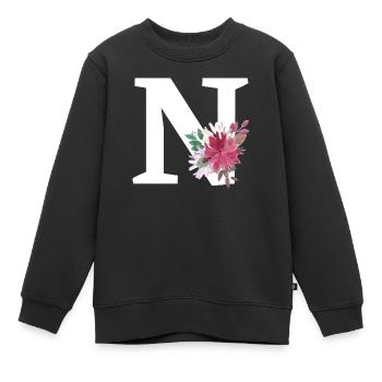 Lettre n floral - Sweat Premium enfant bio - noir - Devant - AI Model Kid Female (0cm)