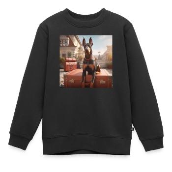 Doberman en vacances sur une valise - Sweat Premium enfant bio - noir - Devant - AI Model Kid Female (0cm)
