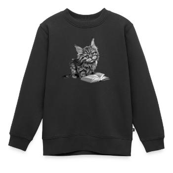 Cat Books Hangover Book Kitten Reading Maine Coon - Kids Premium Organic Sweatshirt - black - Front - AI Model Kid Female (0cm)