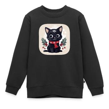 Süßes schwarzes Kätzchen mit Weihnachtsschal - Kinder Premium Organic Sweatshirt - Schwarz - Vorne - AI Model Kid Female (0cm)