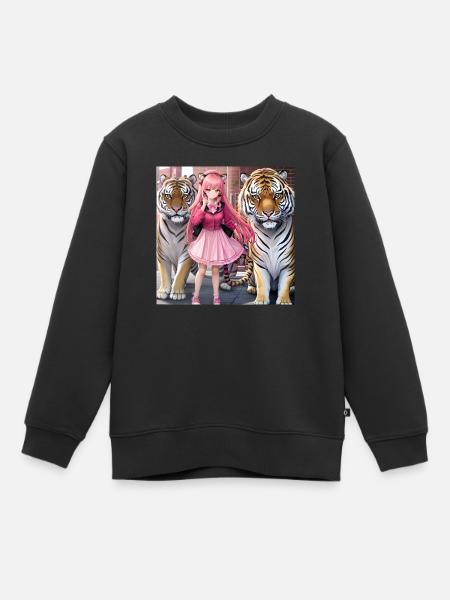 Fille avec deux tigres d’anime - Sweat Premium enfant bio - noir