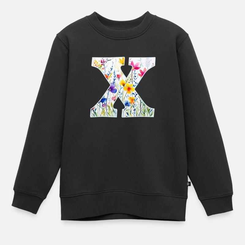 Buchstabe X, Monogramm, Blumenmuster - Kinder Premium Organic Sweatshirt - Schwarz
