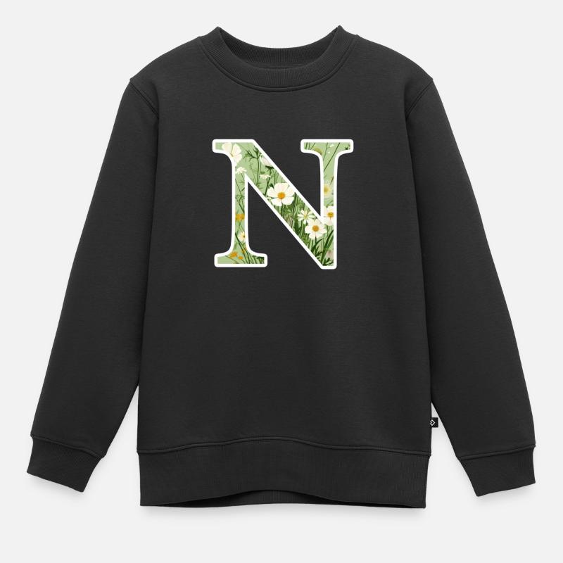Buchstabe N, Monogramm, Blumenmuster - Kinder Premium Organic Sweatshirt - Schwarz