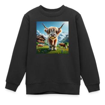 Vache Highland avec de grandes cornes impressionnantes - Sweat Premium enfant bio - noir - Devant - AI Model Kid Female (0cm)