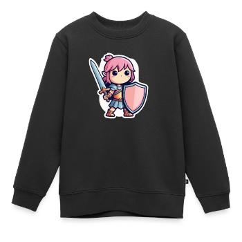 Mignonne guerrière cheveux roses épée et bouclier - Sweat Premium enfant bio - noir - Devant - AI Model Kid Female (0cm)