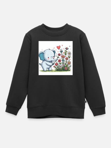 Éléphant cueillant des fleurs - Sweat Premium enfant bio - noir
