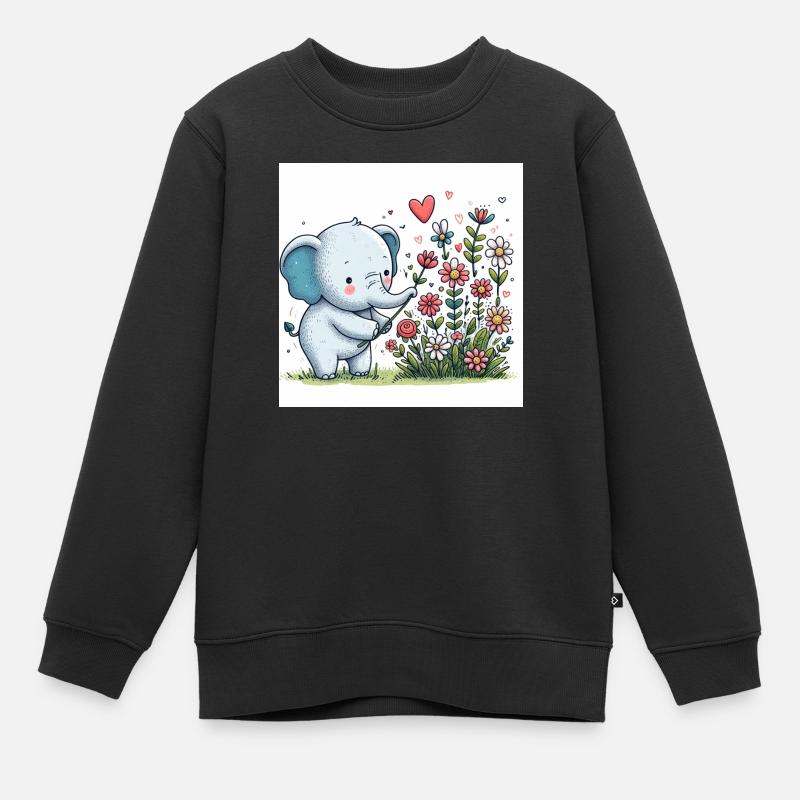 Éléphant cueillant des fleurs - Sweat Premium enfant bio - noir