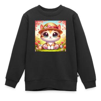 Cute kitten in spring with flower hat - Kids Premium Organic Sweatshirt - black - Front - AI Model Kid Female (0cm)