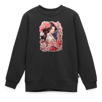 Frau im Kimono mit Mustern aus Kirsch- und Pflaume - Kinder Premium Organic Sweatshirt - Schwarz - Vorne - AI Model Kid Female (0cm)