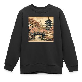 Pagode japonaise vintage en fleurs de cerisier - Sweat Premium enfant bio - noir - Devant - AI Model Kid Female (0cm)