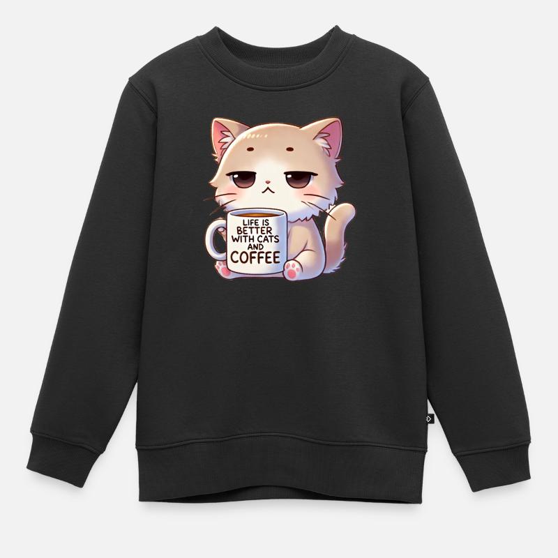 Katze Mit Kaffe - Kinder Premium Organic Sweatshirt - Schwarz