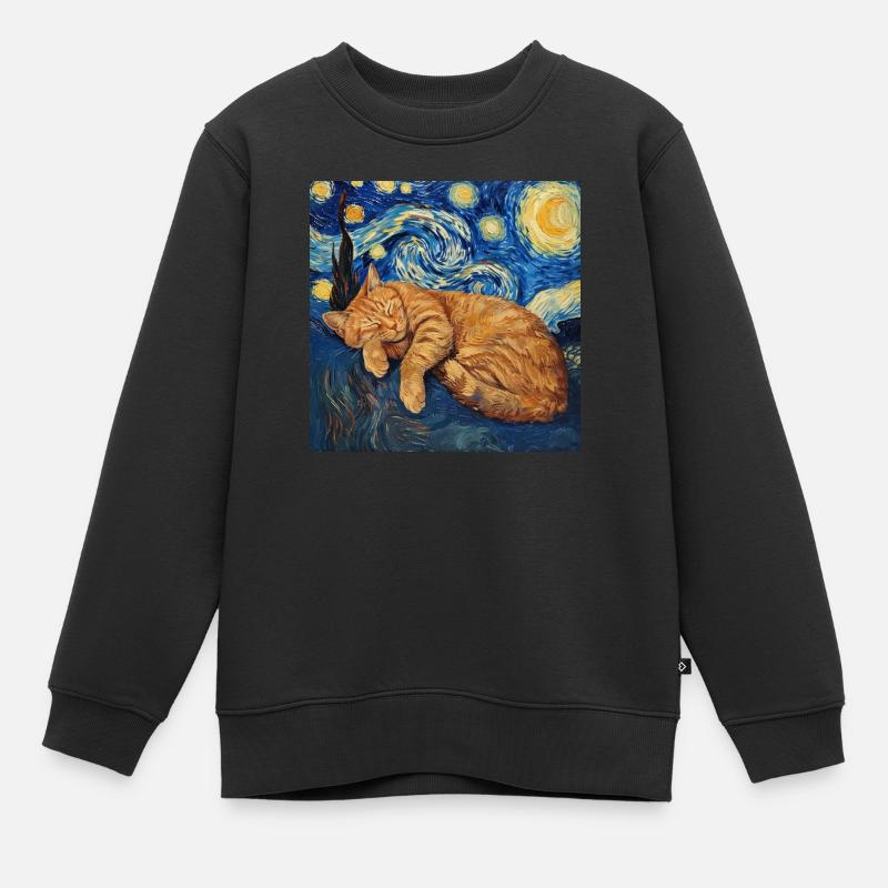 Chat Van Gogh Nuit étoilée - Sweat Premium enfant bio - noir