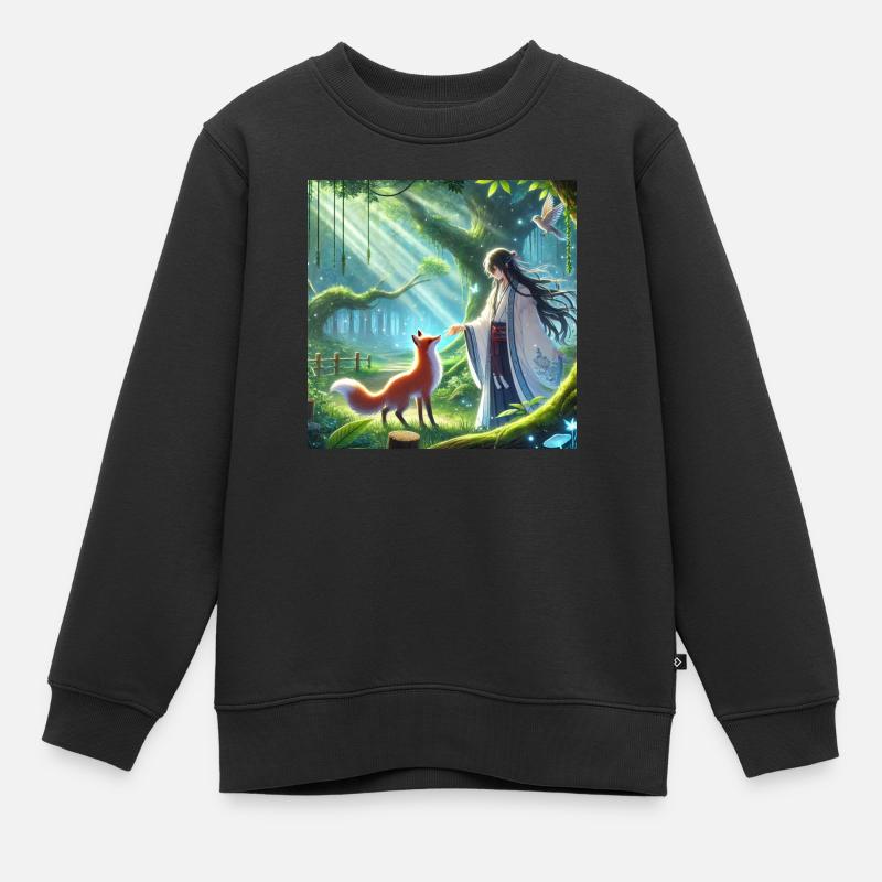 Frau mit Fuchs Animestyle - Kinder Premium Organic Sweatshirt - Schwarz