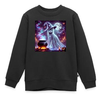 Chat fantôme sorcier mystérieux - Sweat Premium enfant bio - noir - Devant - AI Model Kid Female (0cm)