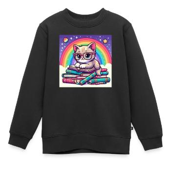 Süße Katze liest Bücher unter dem Regenbogen - Kinder Premium Organic Sweatshirt - Schwarz - Vorne - AI Model Kid Female (0cm)
