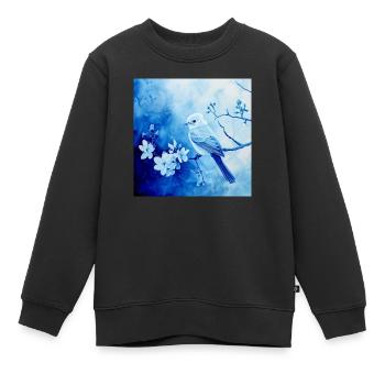 Singvogel Ast Blüten Blautöne filigran Zeichnung - Kinder Premium Organic Sweatshirt - Schwarz - Vorne - AI Model Kid Female (0cm)