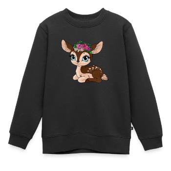 Petit cerf avec des fleurs sur la tête - Sweat Premium enfant bio - noir - Devant - AI Model Kid Female (0cm)