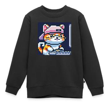 Cute cat with baseballhat playing computer games - Kids Premium Organic Sweatshirt - black - Front - AI Model Kid Female (0cm)