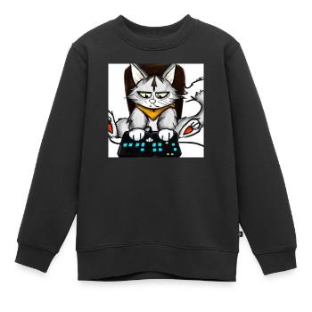 Cat Playing Computer Games Comic - Kids Premium Organic Sweatshirt - black - Front - AI Model Kid Female (0cm)