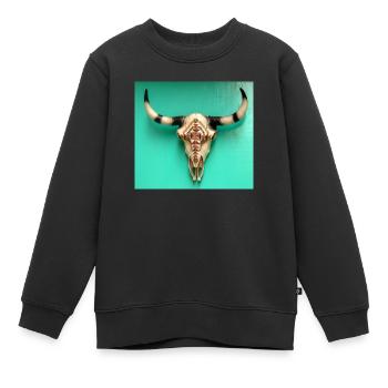 Stierschädel mit Ornamenten an einer grünen Wand - Kinder Premium Organic Sweatshirt - Schwarz - Vorne - AI Model Kid Female (0cm)