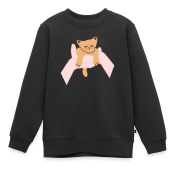 Katze sitzt in menschlicher Handfläche - Kinder Premium Organic Sweatshirt - Schwarz - Vorne - AI Model Kid Female (0cm)