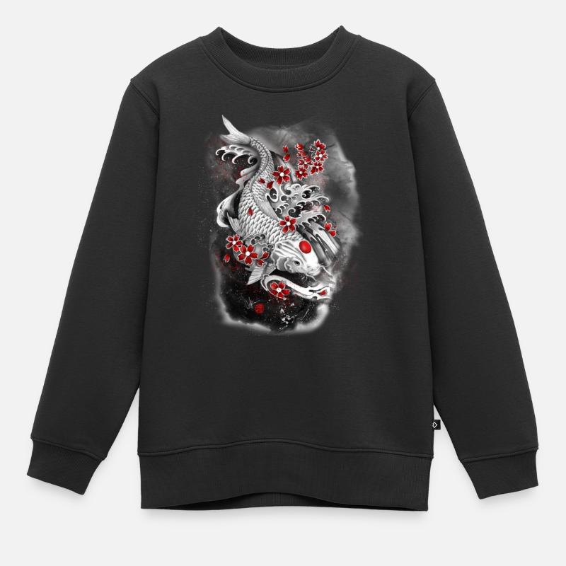 Carpe koi blanche Kohaku entourée de Sakura - Sweat Premium enfant bio - noir