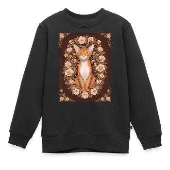 Holzschnitt einer Katze mit Rosenkranz - Kinder Premium Organic Sweatshirt - Schwarz - Vorne - AI Model Kid Female (0cm)