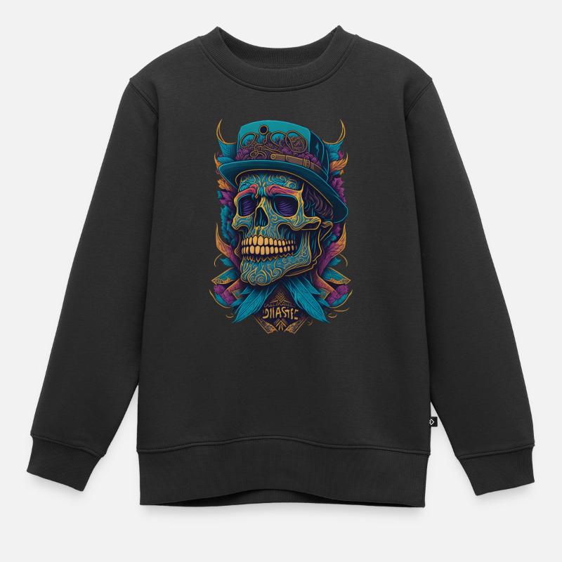 Squelette Crâne avec chapeau et fleurs Bande dessinée cool - Sweat Premium enfant bio - noir
