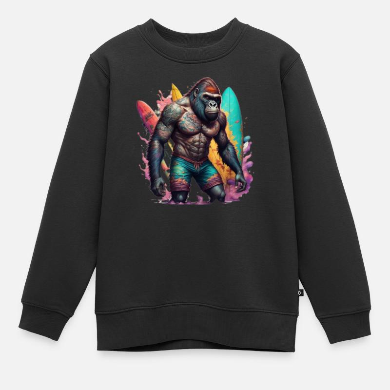 Surfing Gorilla - Kinder Premium Organic Sweatshirt - Schwarz