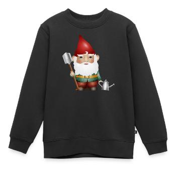 Nain de jardin avec arrosoir et bêche dans le jardin - Sweat Premium enfant bio - noir - Devant - AI Model Kid Female (0cm)