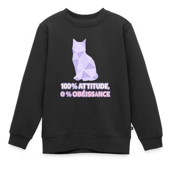 100% Attitude, 0% Obéissance – Chat géométrique - Sweat Premium enfant bio - noir - Devant - AI Model Kid Female (0cm)