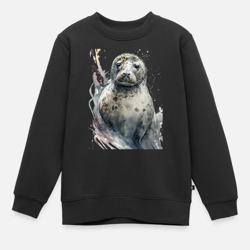 Robbe Süß Niedlich Realistisch Aquarell - Kinder Premium Organic Sweatshirt - Schwarz