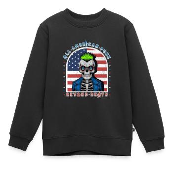 Crâne Punk w Neon Mohawk et fond de drapeau des États-Unis - Sweat Premium enfant bio - noir - Devant - AI Model Kid Female (0cm)