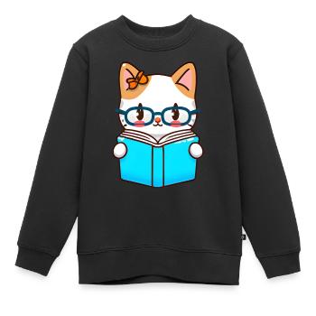 Kawaii Katze Liest Buch Kater Literatur - Kinder Premium Organic Sweatshirt - Schwarz - Vorne - AI Model Kid Female (0cm)