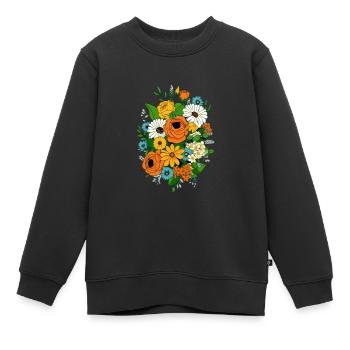 Composition florale type années 70 - Sweat Premium enfant bio - noir - Devant - AI Model Kid Female (0cm)