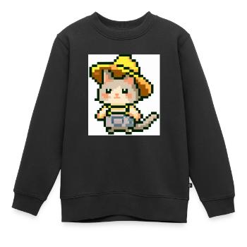 Chat avec chapeau de fermier, fermier, salopettes, pixelart - Sweat Premium enfant bio - noir - Devant - AI Model Kid Female (0cm)