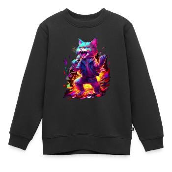 Singende Katze, Neon, Feuer - Kinder Premium Organic Sweatshirt - Schwarz - Vorne - AI Model Kid Female (0cm)