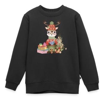 Deer with Christmas presents, glasses and hat - Kids Premium Organic Sweatshirt - black - Front - AI Model Kid Female (0cm)