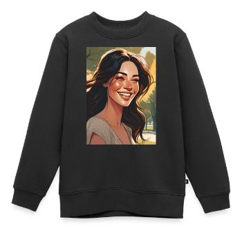 lächelnde Frau mit schwarzen braune dunklen Haaren - Kinder Premium Organic Sweatshirt - Schwarz - Vorne - AI Model Kid Female (0cm)