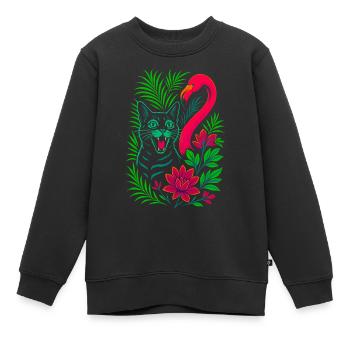 Chat tropical et flamant rose - Été 2025 - Sweat Premium enfant bio - noir - Devant - AI Model Kid Female (0cm)