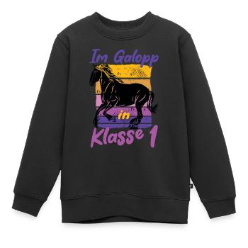 Im Galopp in Klasse 1 - Einschulung - Pferd Reiter - Kinder Premium Organic Sweatshirt - Schwarz - Vorne - AI Model Kid Female (0cm)