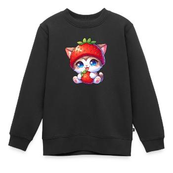 Katze mit Erdbeerhut süß fruchtig skurril - Kinder Premium Organic Sweatshirt - Schwarz - Vorne - AI Model Kid Female (0cm)