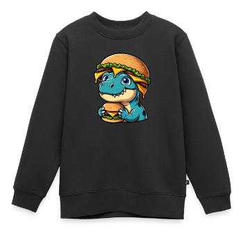 Dino T-Rex satisfait avec Hamburger Cheeseburger - Sweat Premium enfant bio - noir - Devant - AI Model Kid Female (0cm)