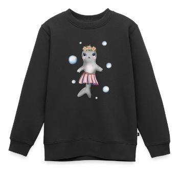 Petit bébé phoque avec couronne de fleurs et jupe - Sweat Premium enfant bio - noir - Devant - AI Model Kid Female (0cm)
