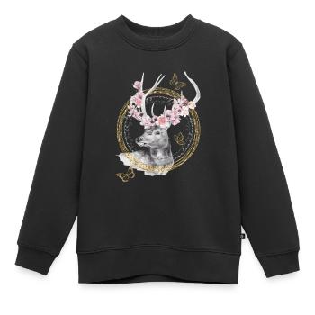 * Cerf avec bois de fleurs * en technique de fablage d’eau - Sweat Premium enfant bio - noir - Devant - AI Model Kid Female (0cm)