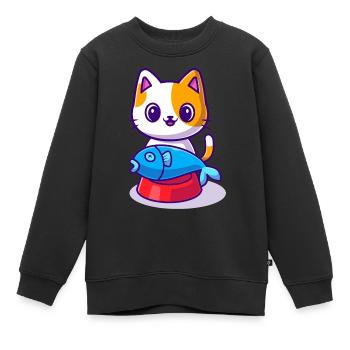 Süße Katze mit Fisch auf dem Futternapf - Kinder Premium Organic Sweatshirt - Schwarz - Vorne - AI Model Kid Female (0cm)