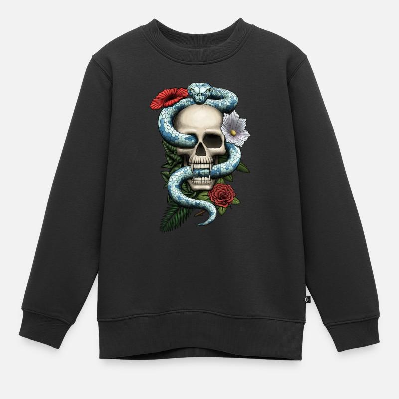 Crâne avec serpent et fleurs - Sweat Premium enfant bio - noir