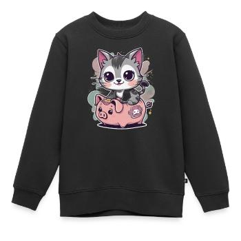 Chat Kawaii avec Tirelire - Sweat Premium enfant bio - noir - Devant - AI Model Kid Female (0cm)