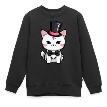 Chat blanc avec un chapeau et nœud papillon - Sweat Premium enfant bio - noir - Devant - AI Model Kid Female (0cm)